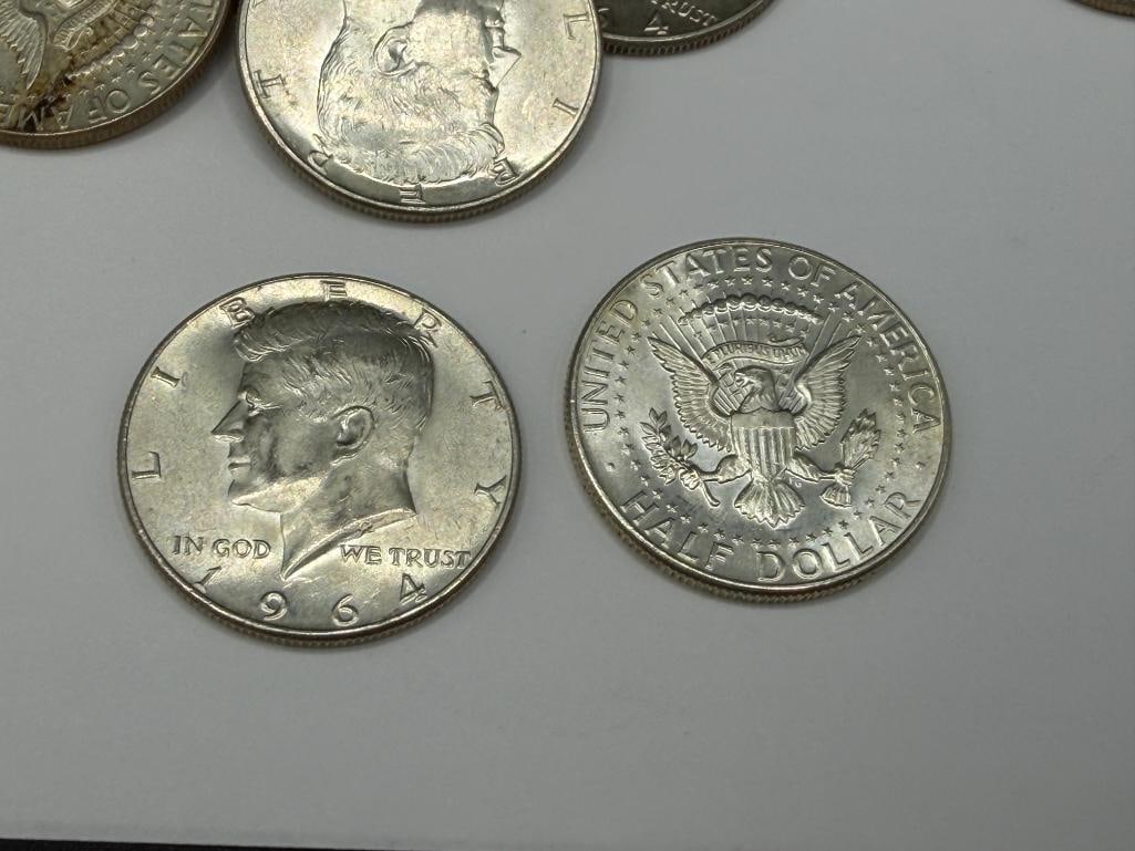 $10 ROLL OF UNCIRICLATED 1964 U.S. KENNEDY 90% SIVER HALF DOLLARS - 7