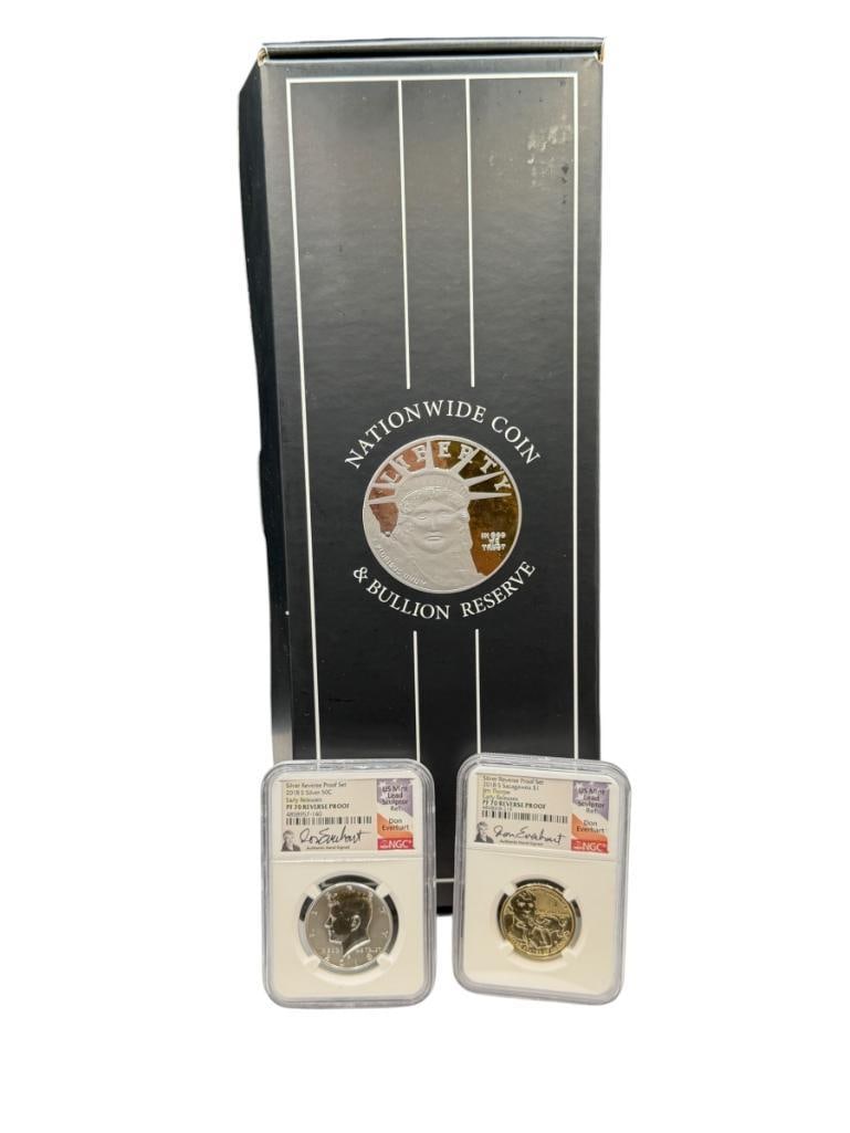 NATIONWIDE COIN & BULLION RESERVE COIN SET INCLUDING 2018-S SILVER REVERSE PROOF SET: FEATURING NGC EARLY RELEASES PF70 REVERSE PROOF HAND SIGNED CASES BY DONE EVERHART U.S. MINT LEAD SCULPTOR, INCLUDES SEVEN 90% SILVER COINS AND ORIGINAL CASE