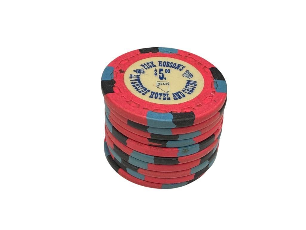 10 VINTAGE 1978 PICK HOBSON'S RIVERSIDE HOTEL AND CASINO $5 CASINO CHIPS: FEATURING VIBRANT PINK DESIGN WITH CROWNS, FAMED RENO, NEVADA CASINO