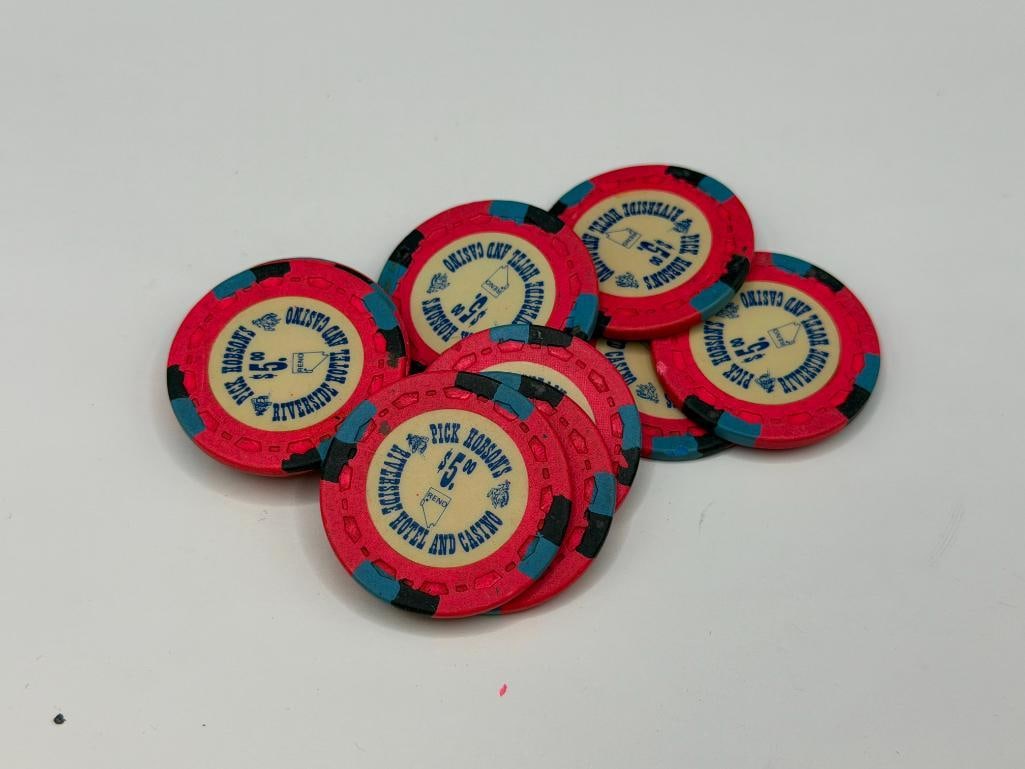 10 VINTAGE 1978 PICK HOBSON'S RIVERSIDE HOTEL AND CASINO $5 CASINO CHIPS - 2