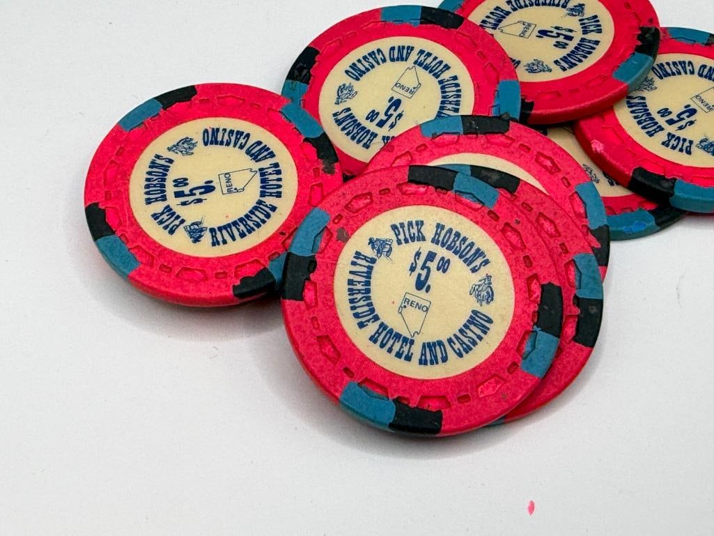 10 VINTAGE 1978 PICK HOBSON'S RIVERSIDE HOTEL AND CASINO $5 CASINO CHIPS - 3