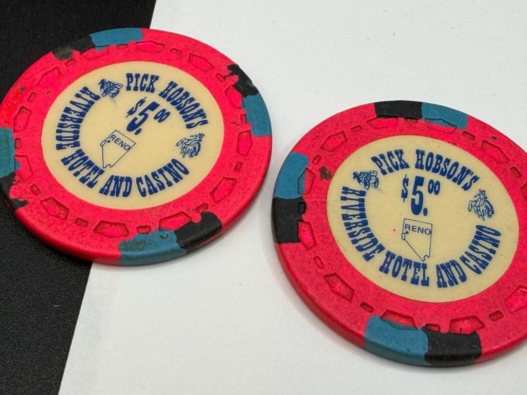 10 VINTAGE 1978 PICK HOBSON'S RIVERSIDE HOTEL AND CASINO $5 CASINO CHIPS - 5