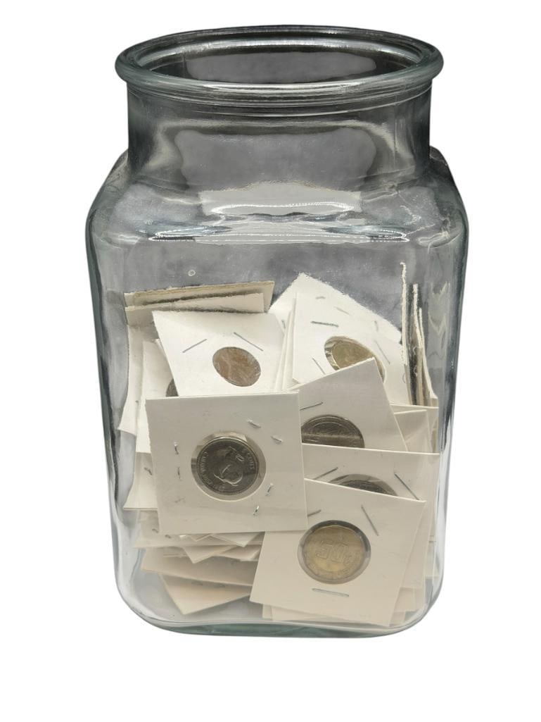 GLASS JAR FILLED WITH FOREIGN COINS FROM ALL OVER THE WORLD (1 of 8)