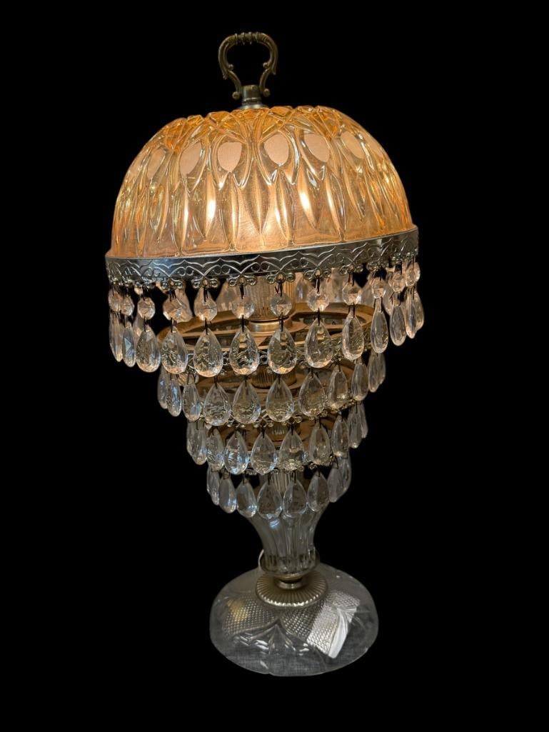 VINTAGE MICHELOTTI 4-TIER CRYSTAL TEARDROP BUDOIR / PARLOR LAMP MADE IN HOLLAND CIRCA 1950'S: CASCADING CLEAR PRISMS WITH AMBER TINTED DOME SHADE, TESTED + 19" H