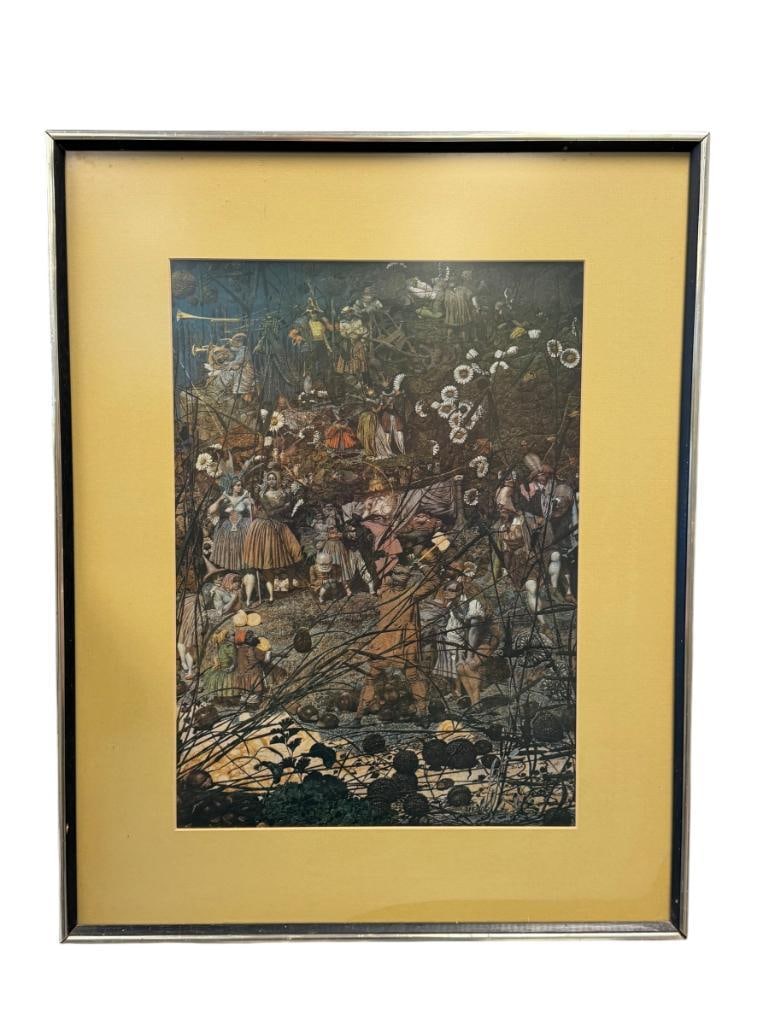 RICHARD DADD ENGLISH ARTIST PRINT THE FAIRY FELLER'S MASTER STROKE PUBLISHED BY THE TATE GALLERY: RICHARD DADD (1817-1886) ENGLISH ARTIST OF THE VICTORIAN ERA, NOTED FOR HIS DEPICTIONS OF FAIRIES AND SUPERNATURAL SUBJECTS, ART DEPICTS CROWD OF MYTHICAL FAERIES, FRAMED 23" X 29" FRAME