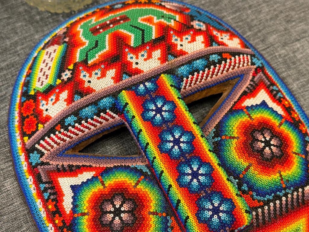 INDIGENOUS WIXARIKA MEXICAN HUICHOL ARTIST JUVENTINO CARILLO HAND BEADED MASK JALISCO, MX - 3