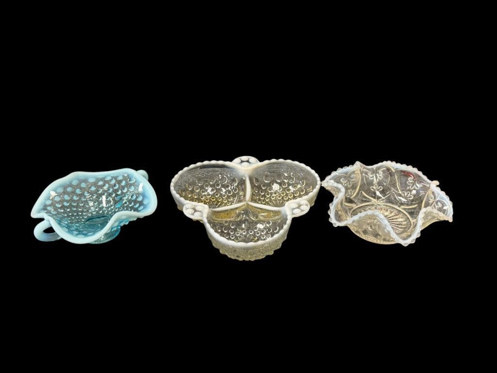 FENTON BLUE AND CLEAR HOBNAIL OPALESCENT GLASS RUFFLED BON-BON DISH AND MOONSTONE 3-SECTION DISH (1 of 8)