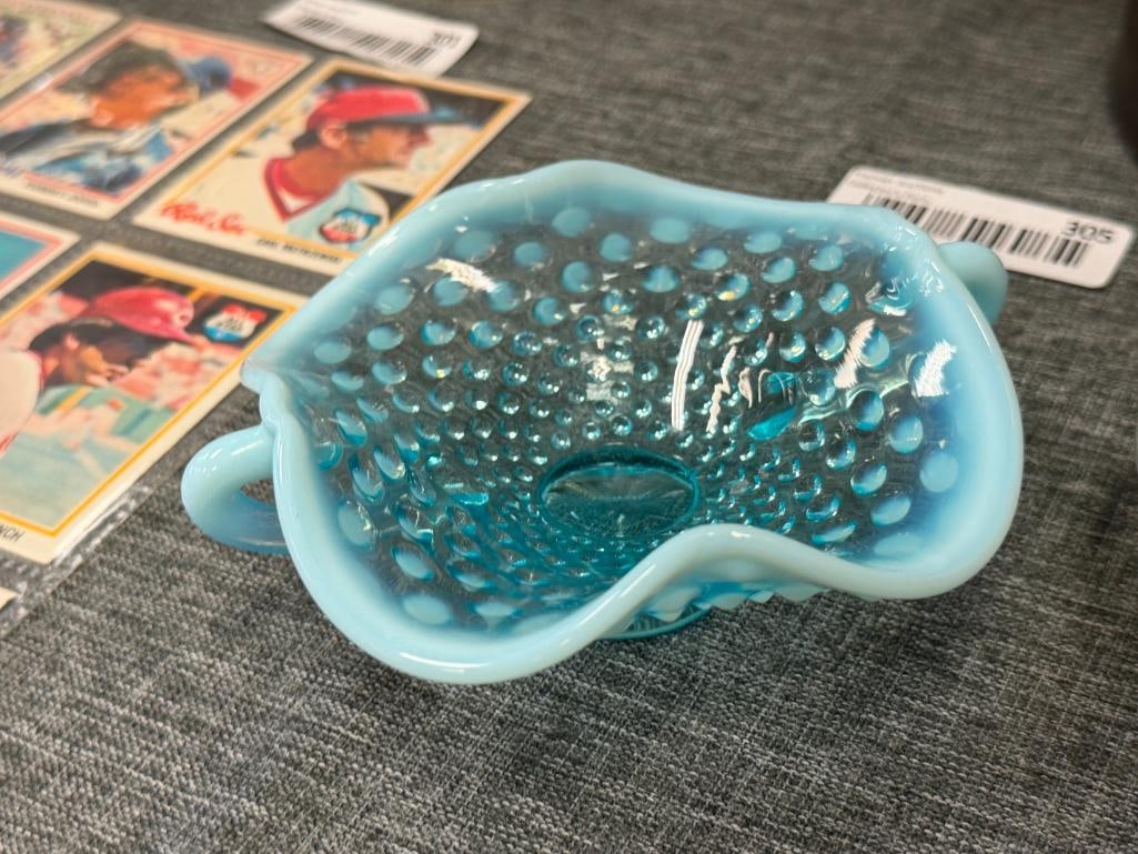 FENTON BLUE AND CLEAR HOBNAIL OPALESCENT GLASS RUFFLED BON-BON DISH AND MOONSTONE 3-SECTION DISH - 3