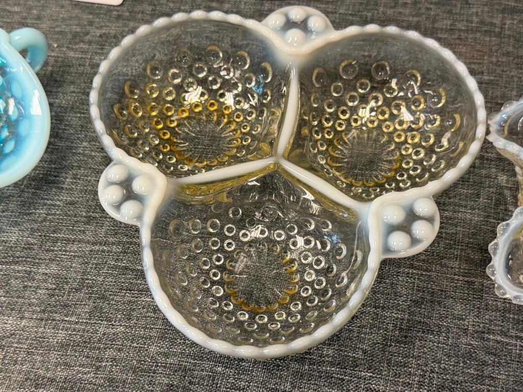 FENTON BLUE AND CLEAR HOBNAIL OPALESCENT GLASS RUFFLED BON-BON DISH AND MOONSTONE 3-SECTION DISH - 4