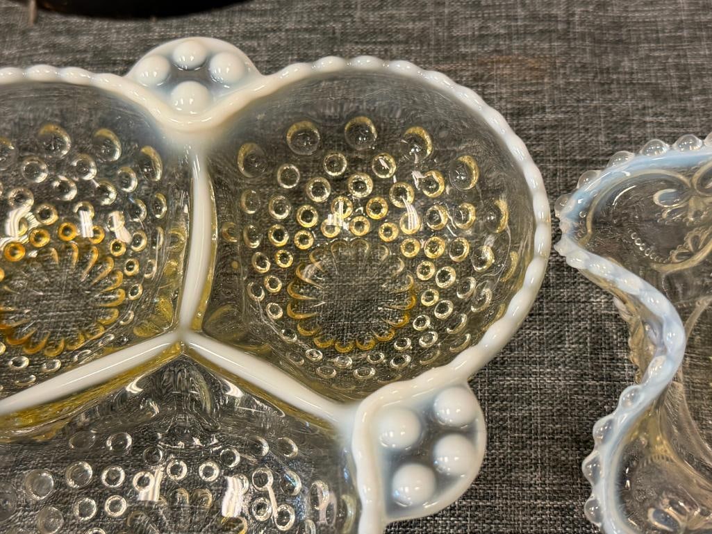 FENTON BLUE AND CLEAR HOBNAIL OPALESCENT GLASS RUFFLED BON-BON DISH AND MOONSTONE 3-SECTION DISH - 5