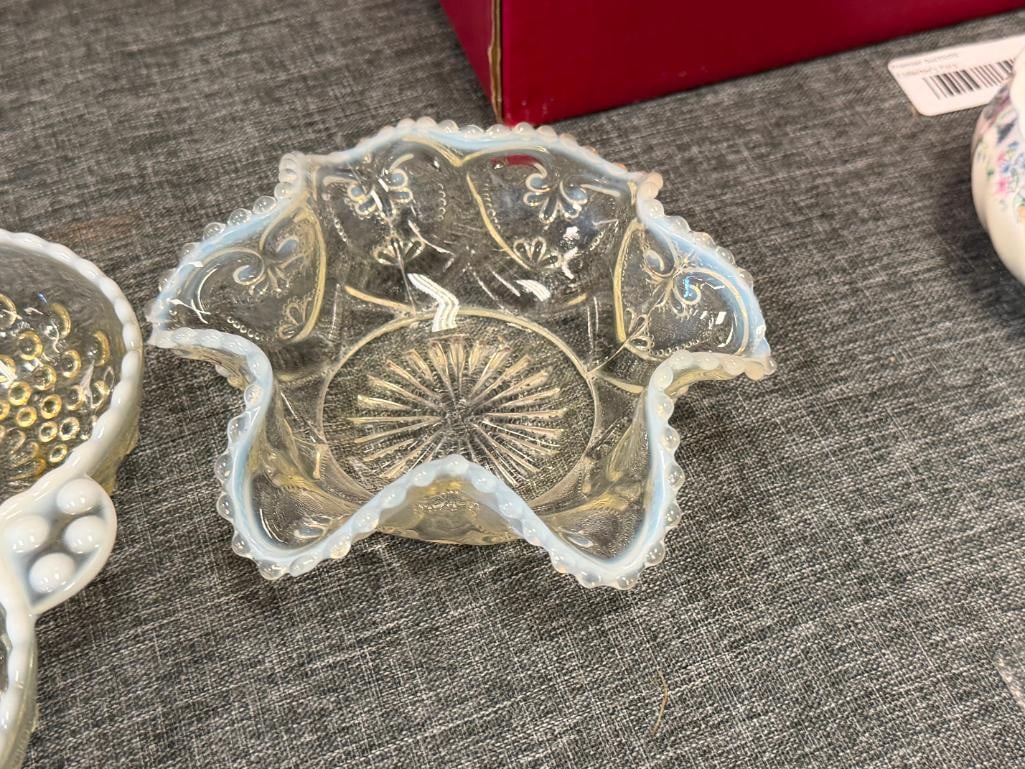 FENTON BLUE AND CLEAR HOBNAIL OPALESCENT GLASS RUFFLED BON-BON DISH AND MOONSTONE 3-SECTION DISH - 6