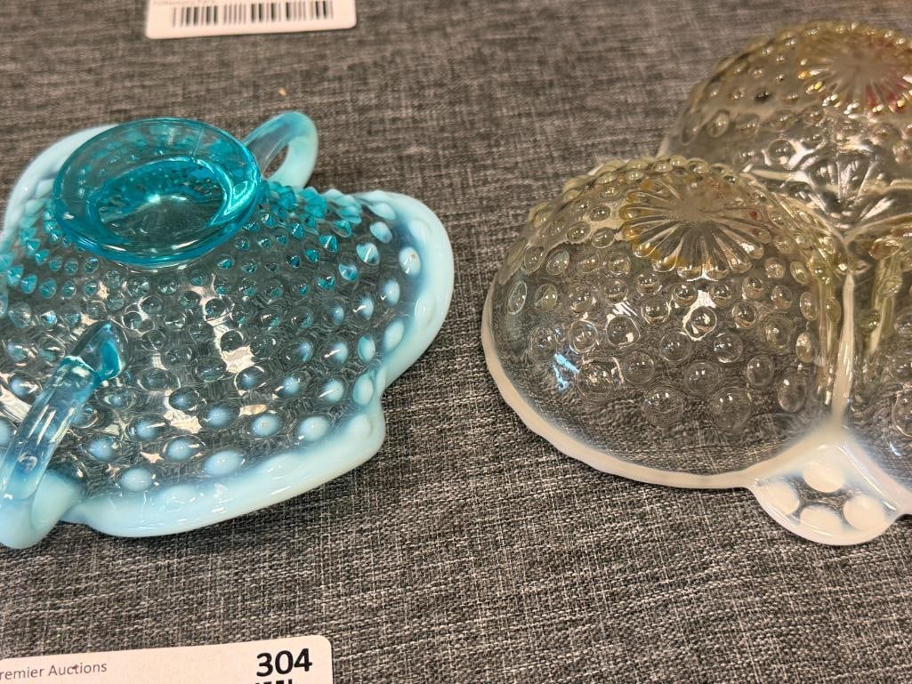 FENTON BLUE AND CLEAR HOBNAIL OPALESCENT GLASS RUFFLED BON-BON DISH AND MOONSTONE 3-SECTION DISH - 8