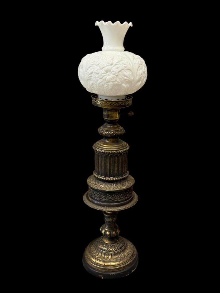 TALL 20TH CENTURY VICTORIAN STYLED BANQUET LAMP WITH FLORAL SCULPTED GLASS SHADE: DAMAGED BASE, MISSING PIECE ON THE BOTTOM OF THE PEDESTAL, TESTED + 28" H