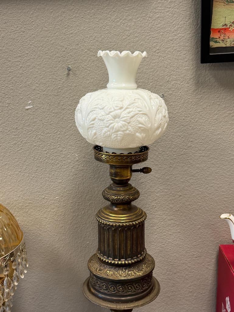 TALL 20TH CENTURY VICTORIAN STYLED BANQUET LAMP WITH FLORAL SCULPTED GLASS SHADE - 2
