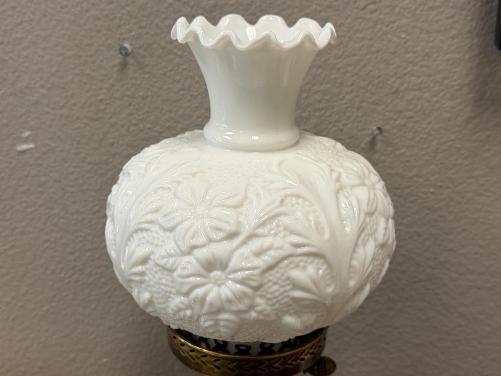 TALL 20TH CENTURY VICTORIAN STYLED BANQUET LAMP WITH FLORAL SCULPTED GLASS SHADE - 3