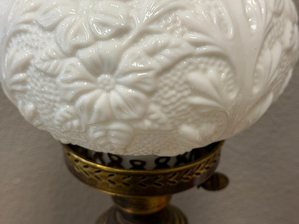 TALL 20TH CENTURY VICTORIAN STYLED BANQUET LAMP WITH FLORAL SCULPTED GLASS SHADE - 4