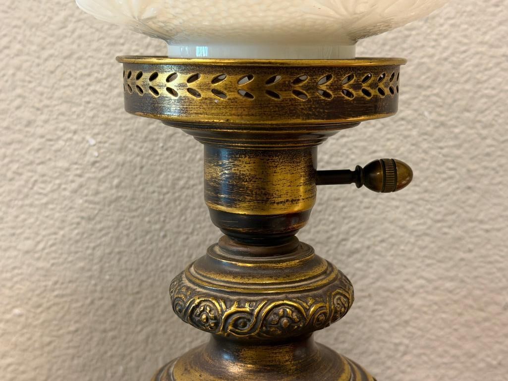 TALL 20TH CENTURY VICTORIAN STYLED BANQUET LAMP WITH FLORAL SCULPTED GLASS SHADE - 5