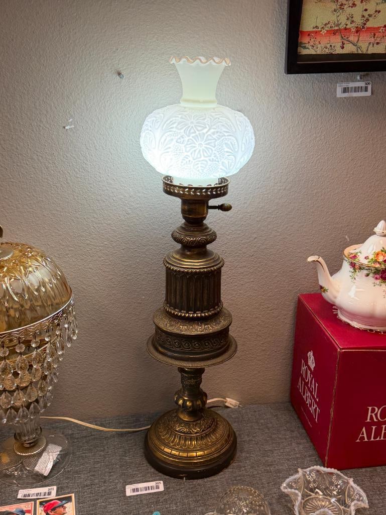TALL 20TH CENTURY VICTORIAN STYLED BANQUET LAMP WITH FLORAL SCULPTED GLASS SHADE - 8