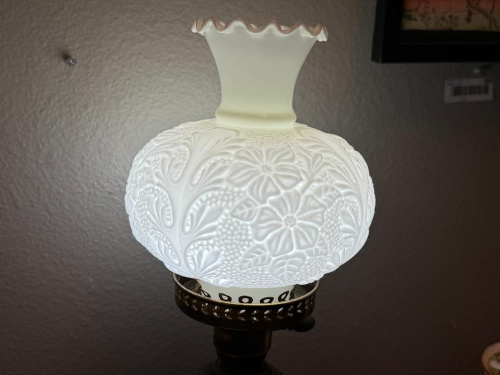 TALL 20TH CENTURY VICTORIAN STYLED BANQUET LAMP WITH FLORAL SCULPTED GLASS SHADE - 9