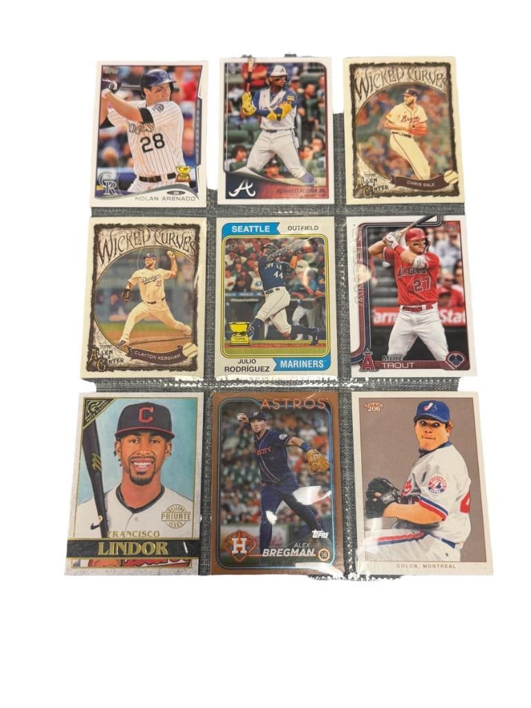 BASEBALL FUTURE HALL OF FAMERS STARS CLAYTON KERSHAW, CHRIS SALE, RONALD ACUNA JR. ALEX BERGMAN: NOLAN ARENADO, MIKE TROUT, JULIO RODRIGUEZ, FRANCISCO LINDOR, BARTOLO COLON, SEE PHOTOS FOR CONDITION