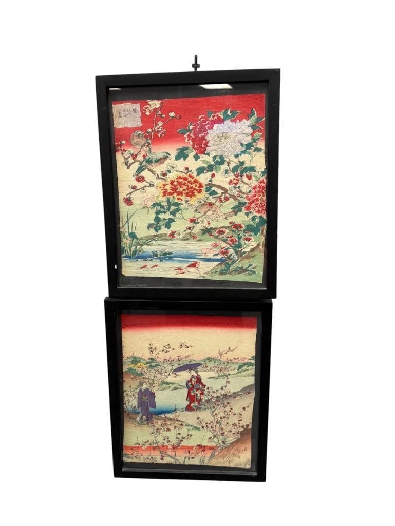 20TH CENTURY JAPANESE WOODBLOCK PRINTS ON PAPER: ART DEPICTS TWO GEISHAS WALKING WITH CHERRY BLOSSOMS AND MOUNTAINS IN THE BACKGROUND, OTHER DEPICTS SCENE OF A GARDEN NEAR A BODY OF WATER WITH BIRDS AND FISH, FRAMED 12" X 15" FRAMES