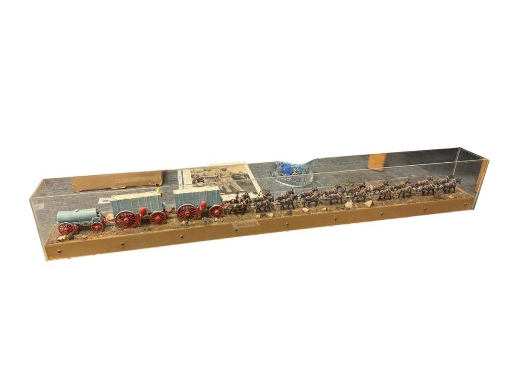 20TH CENTURY VINTAGE PLASTIC KIT MODEL OF A 20 MULE PULL TEAM: MODEL OF 20 MULES PULLING THREE WAGONS FEATURES REAL DIRT AND ROCKS FOR DIORAMA, MOUNTED ON 2X4 WITH ACRYLIC SIDES 40" L