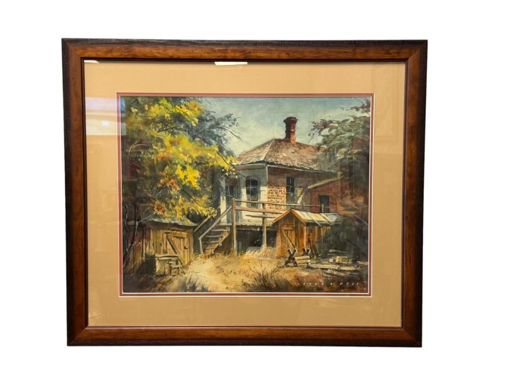 LYLE V. BALL PROLIFIC RENO, NV ARTIST ORIGINAL WATERCOLOR PAINTING TITLED BACKYARD # 1793: LYLE V. BALL (1909-1992) IS ONE OF THE MOST PROLIFIC PAINTERS IN THE HISTORY OF VISUAL ARTS IN NEVADA, OFTEN REFERRED AS AN ARTIST-HISTORIAN, ART DEPICTS SCENE OF A BACKYARD OF A BRICK HOME WITH TWO S