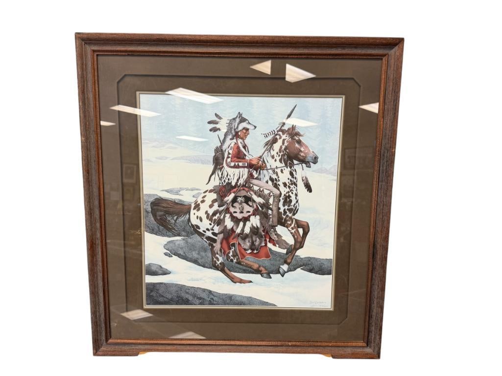 BEV DOOLITTLE WILDLIFE ARTIST LIMITED EDITION PRINT GUARDIAN SPIRITS 4109/13238: RELEASED IN 1986 AS A SET OF TWO LIMITED EDITION PRINTS, DEPICTS A NATIVE AMERICAN WARRIOR ON HORSEBACK CAMOUFLAGED WITH ANIMAL SPIRIT SYMBOLS, SIGNED LOWER RIGHT, FRAMED 29 1/2" X 31 1/2" FRAME