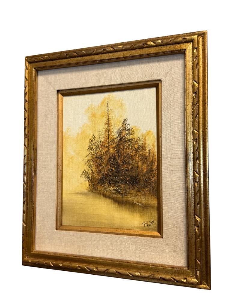 ORIGINAL OIL ON CANVAS BOARD PAINTING LANDSCAPE SIGNED P. KULAS: ORANGE / BROWN TONED PAINTING OF A LANDSCAPE WITH BODY OF WATER AND TREES, SIGNED LOWER RIGHT, FRAMED 16 1/4" X 19 1/4" FRAME