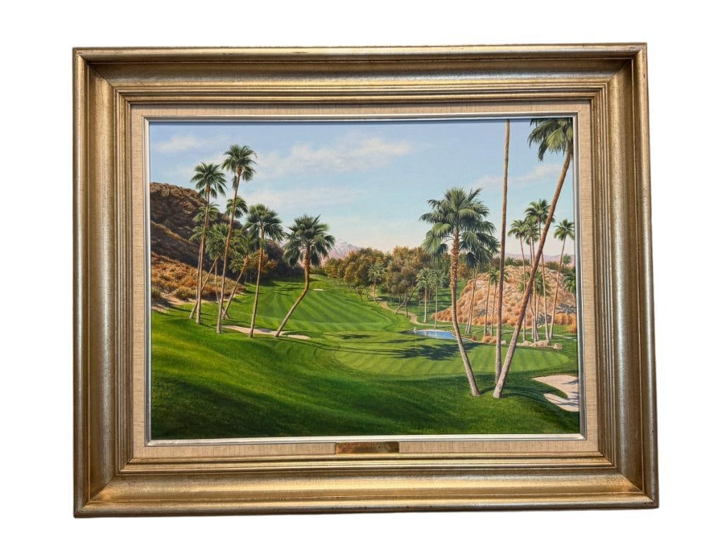 DAVID CHAPPLE ORIGINAL ACRYLIC ON CANVAS PAINTING THE 18TH AT INDIAN WELLS: ART DEPICTS SCENE OF A GOLF TOURNAMENT THE BOB HOPE CHRYSLER CLASSIC 1994 AT INDIAN WELLS GOLF RESORT, SIGNED LOWER RIGHT, FRAMED 31" X 25" FRAME