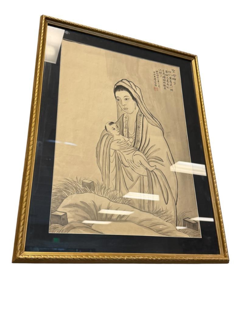 EARLY 20TH CENTURY CHINESE INK / WATERCOLOR WITH MADONNA AND CHILD WITH NATIVITY PASSAGE LUKE 2:12: MINIMALIST LINE DRAWING OF CLASSICAL CHINESE FIGURE PAINTING, SHOWS VEILED MADONNA WITH CHILD, UPPER RIGHT TRANSLATES TO THIS WILL BE A SIGN FOR YOU, YOU WILL FIND AN INFANT WRAPPED IN SWADDLING CLOTH