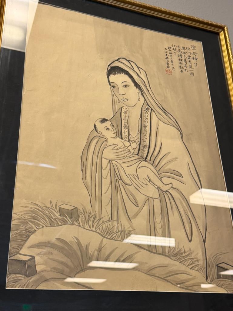 EARLY 20TH CENTURY CHINESE INK / WATERCOLOR WITH MADONNA AND CHILD WITH NATIVITY PASSAGE LUKE 2:12 - 2