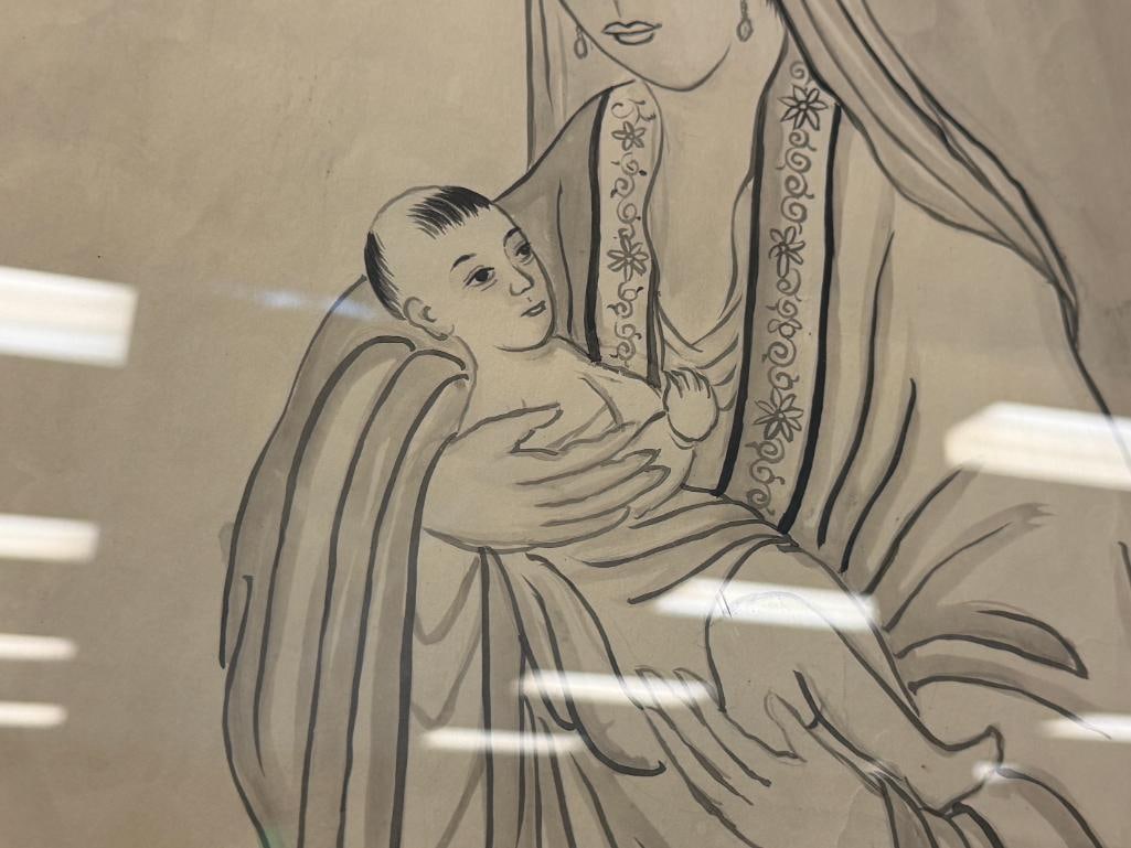 EARLY 20TH CENTURY CHINESE INK / WATERCOLOR WITH MADONNA AND CHILD WITH NATIVITY PASSAGE LUKE 2:12 - 4