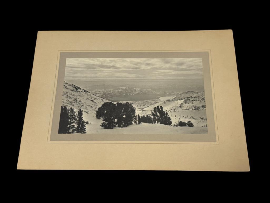 20TH CENTURY BLACK AND WHITE PHOTOGRAPHS OF NEVADA LANDSCAPES SIERRA NEVADAS AND PYRAMID LAKE: SCENE OF SNOW COVERED MOUNTAINS, AND TRANQUIL SCENE AT PYRAMID LAKE 7" X 11" AND 12 1/2" X 9"