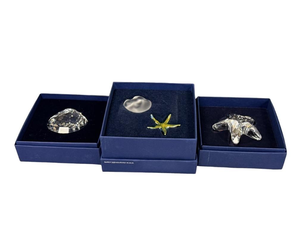 SWAROVSKI CRYSTAL MARINE FIGURINES STAR FISH, CLAM SHELL, SEA GLASS AND IRIDESCENT STAR FISH: EACH ITEM INCLUDES ORIGINAL BOX AND IS IN MINT CONDITION WITH NO CHIPS OR REPAIRS 1 1/4" UP TO 2"