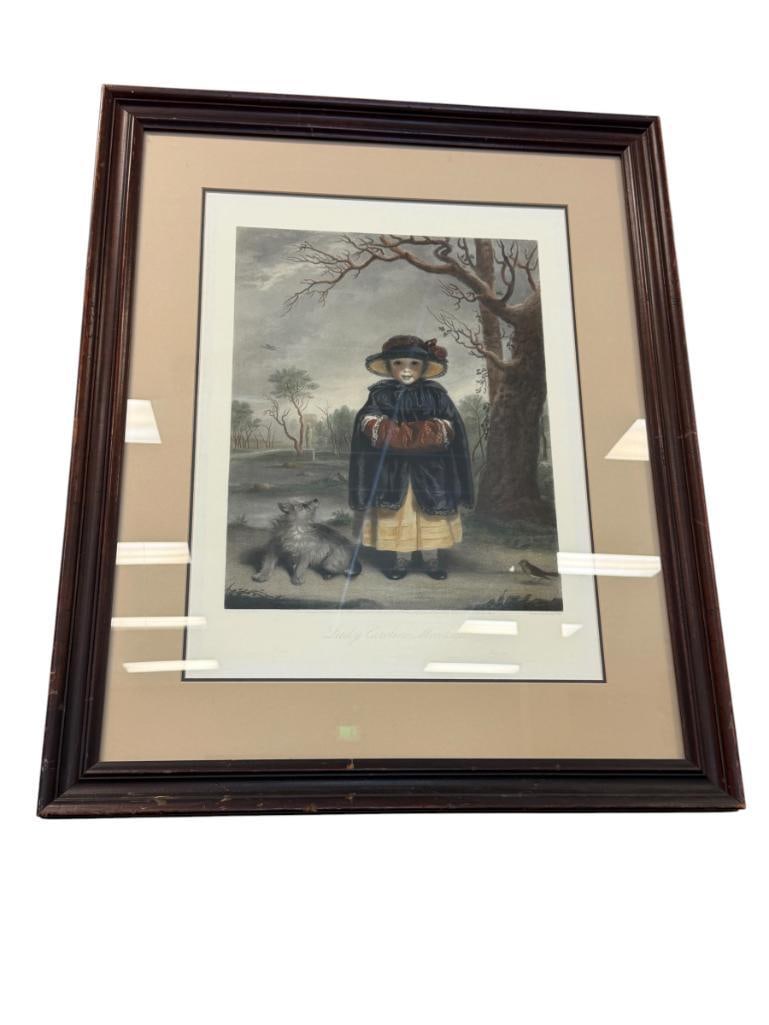 SIR JOSHUA REYNOLDS ENGLISH ARTIST PRINT LADY CAROLINE SCOTT AS WINTER: ART DEPICTS PORTRAIT OF A YOUNG LADY CAROLINE SCOTT ACCOMPANIED BY A TERRIER 26 1/2" X 32 1/2" FRAME