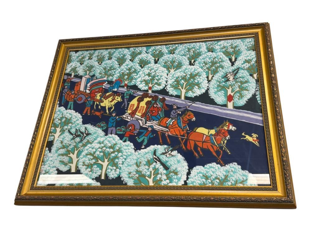 CHINESE PEASANT WATERCOLOR PAINTING LIKELY JINSHAN / HUXIAN STYLE OF A WEDDING PROCESSION: FOLK ART PAINTING DEPICTS VIBRANT FESTIVE VILLAGE WEDDING WITH BRIDAL CARRIAGES WITH DOUBLE HAPPINESS SYMBOLS, CHOP SEAL LOWER LEFT, FRAMED 31" X 25" FRAME
