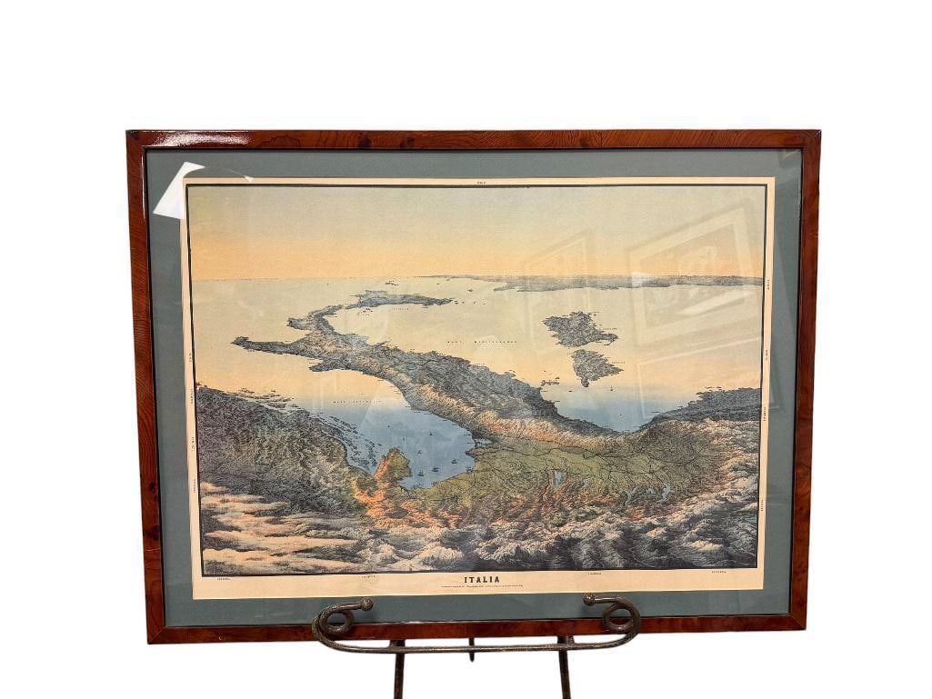 20TH CENTURY BIRDSEYE VIEW / PANORAMIC VIEW OF ITLAY PUBLISHED BY EDIZIONI GRAFICHE TASSOTTI: RENOWNED PRINTING / PUBLISHING HOUSE IN BASSANO DEL GRAPPA, ITALY, FRAMED 29 1/2" X 22 1/4" FRAME