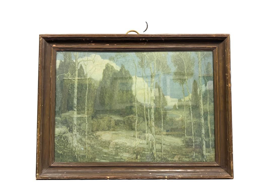 WILLIAM WENDT AMERICAN ARTIST PRINT TITLED THE SILENCE OF THE NIGHT LAGUNA CANYON: WILLIAM WENDT (1865-1946) WAS AN AMERICAN LANDSCAPE PAINTER CALLED THE DEAN OF SOUTHERN CALIFORNIA LANDSCAPE PAINTERS, ART DEPICTS A MOODY DENSE FOREST IN BLUE AND GREEN TONES, FRAMED 34" X 25" FRAME