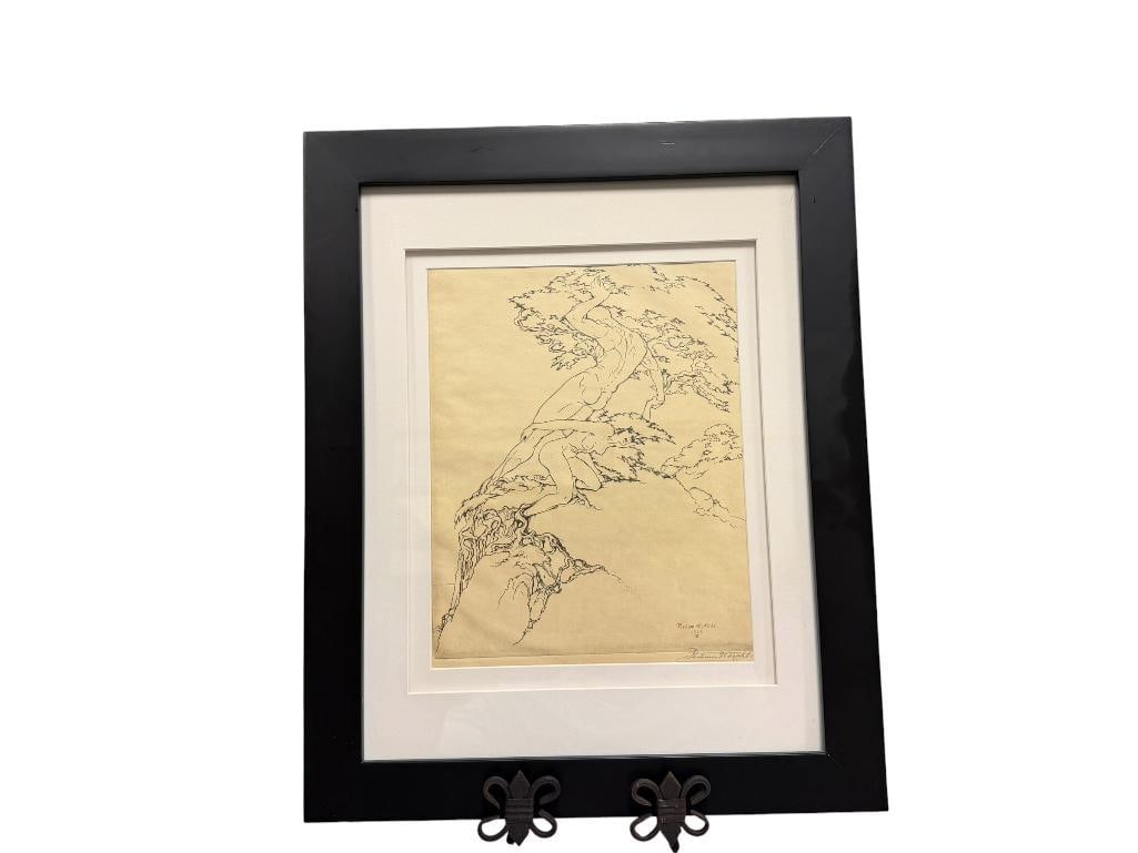 PERHAM WILHELM NAHL AMERICAN ARTIST DRY POINT ETCHING TITLED BOUND (ADAM & EVE): PUBLISHED BY THE CALIFORNIA SOCIETY OF ETCHERS, DEPICTS NUDE FIGURES OF MAN AND WOMAN INTERTWINED ORGANICALLY SYMOLIZING ADAM AND EVE, PLATE SIGNED AND PENCIL SIGNED LOWER RIGHT, INCLUDES CARD ON THE