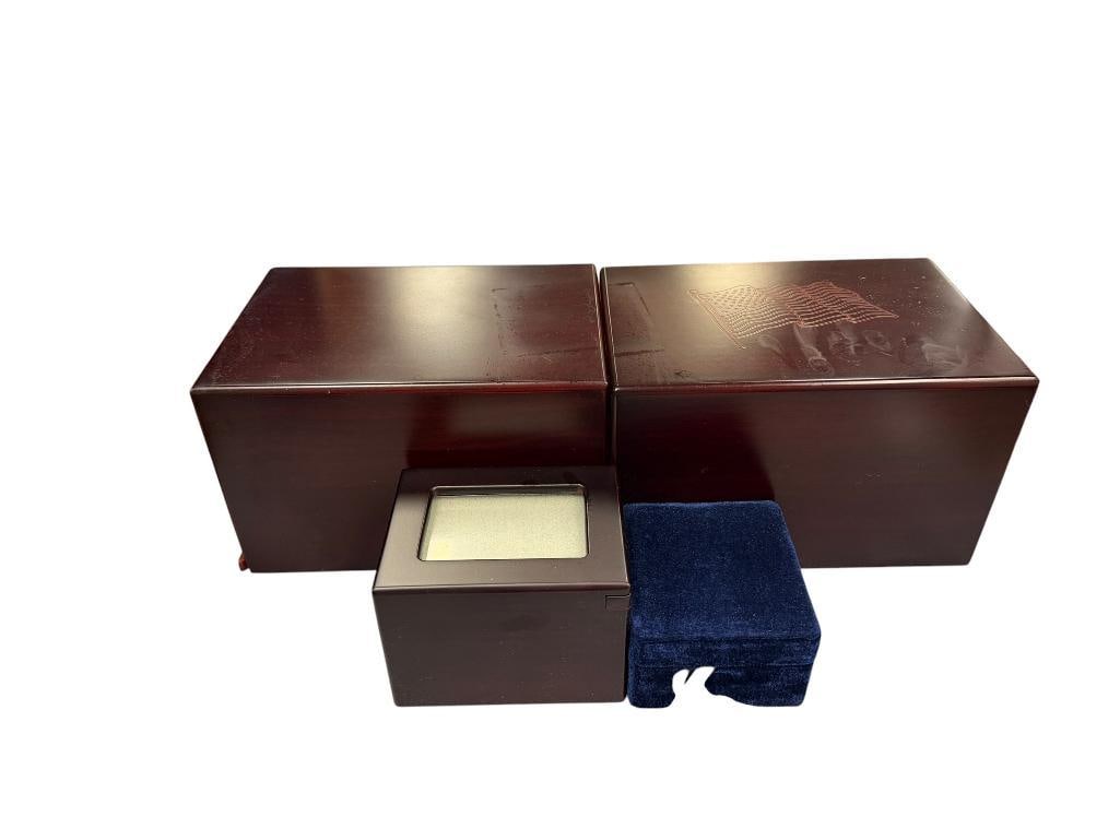 ELEGANT CHERRY FINISH CREMATION URN BOXES: ONE FEATURES AN ENGRAVED U.S.A. FLAG ON THE TOP, PLUS PET CREMATION URN BOX WITH PHOTO WINDOW, AND POLISHED STONE VOTIVE, PREVIOUSLY USED 2 1/2" UP TO 9" L