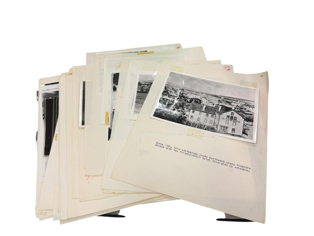 BLACK AND WHITE PHOTOGRAPHS AND NEGATIVES RELATING TO RENO, NV CASINOS, FIGURES, HORSE RACING, ETC.: OVER 25 PHOTOS OF CASINOS, HAROLD'S CLUB, BANK CLUB, ELK HOTEL, BILL HARRAH, RIVERSIDE HOTEL, THE RENO RACE TRACK, AND MANY OTHERS, EACH PHOTO ALSO HAS DESCRIPTION OF THE PHOTO SUBJECT, PLUS NINE