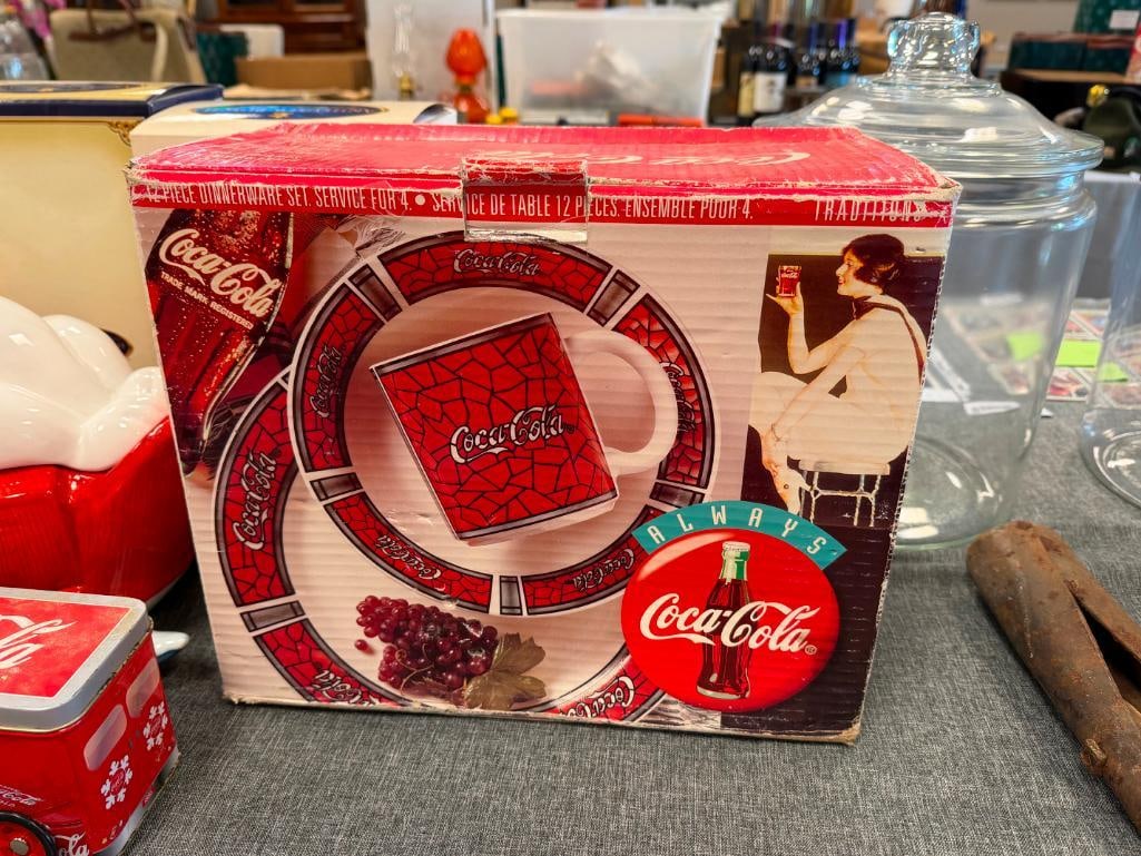 COCA-COLA COLLECTIBLES DINNERWARE SET, WALL CLOCK, COOKIE JAR, TIN CONTAINERS - 12