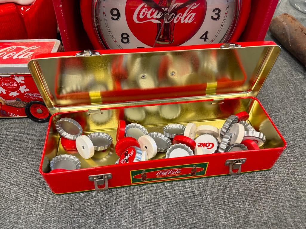 COCA-COLA COLLECTIBLES DINNERWARE SET, WALL CLOCK, COOKIE JAR, TIN CONTAINERS - 7