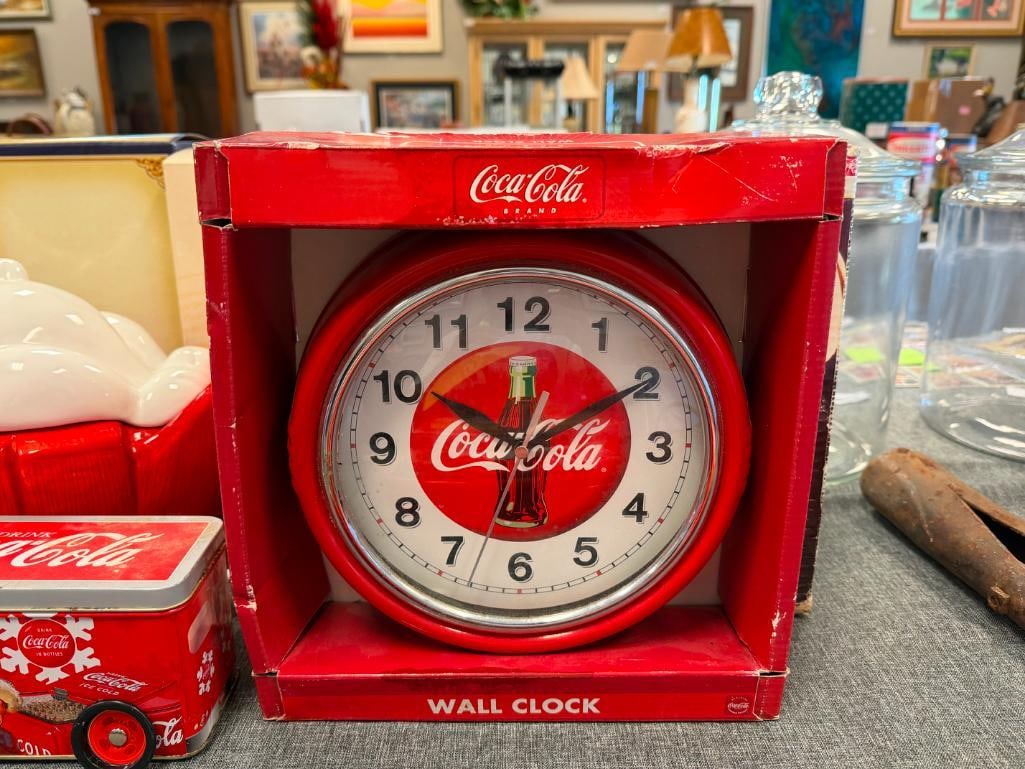 COCA-COLA COLLECTIBLES DINNERWARE SET, WALL CLOCK, COOKIE JAR, TIN CONTAINERS - 8
