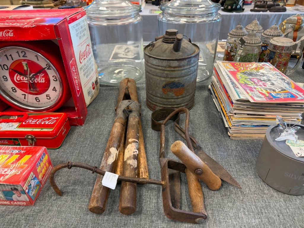 20TH CENTURY FARMING TOOLS HAY HOOKS, DEHORNING CLIPPERS, SHEARS, AND OIL CAN - 2
