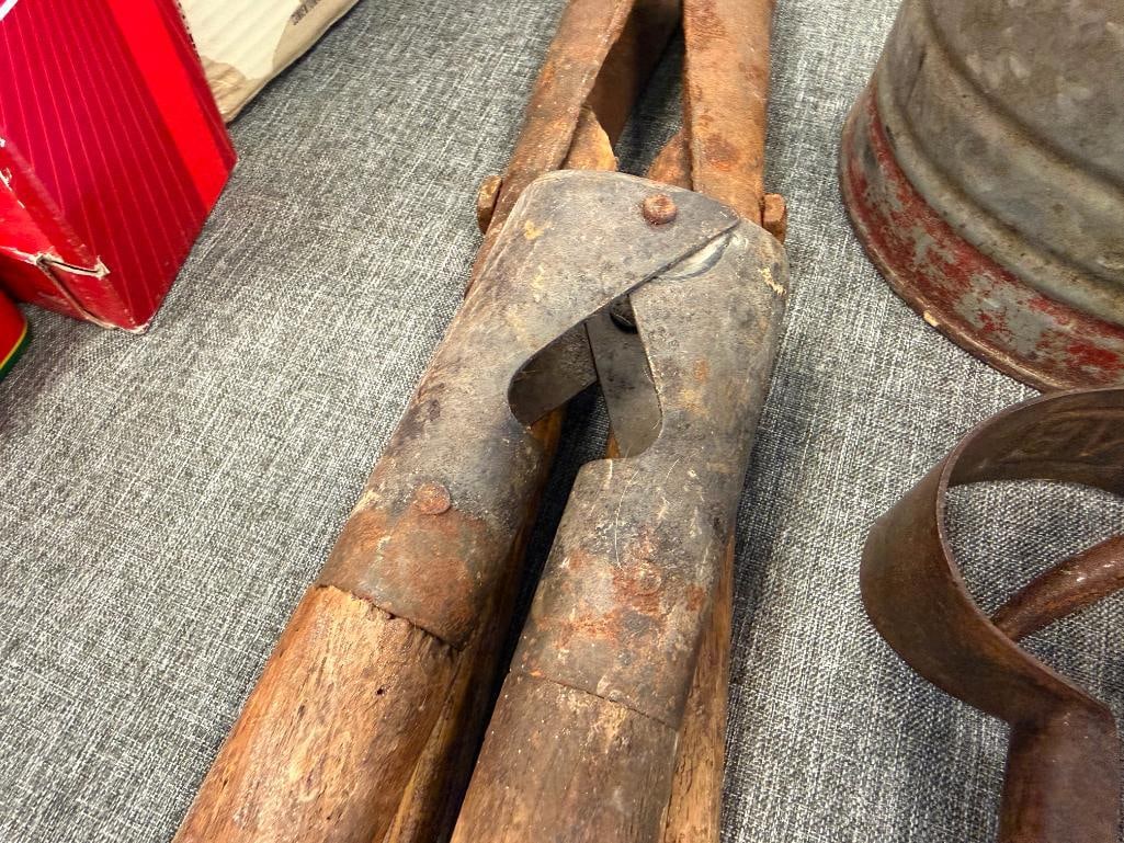 20TH CENTURY FARMING TOOLS HAY HOOKS, DEHORNING CLIPPERS, SHEARS, AND OIL CAN - 6