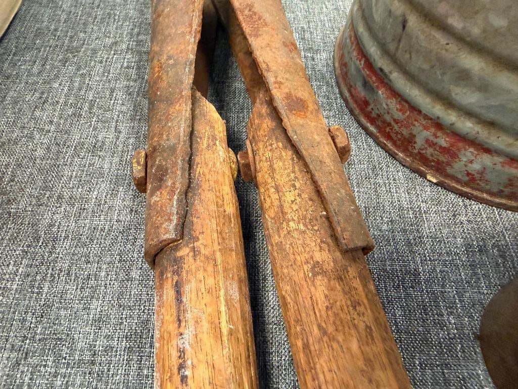 20TH CENTURY FARMING TOOLS HAY HOOKS, DEHORNING CLIPPERS, SHEARS, AND OIL CAN - 9