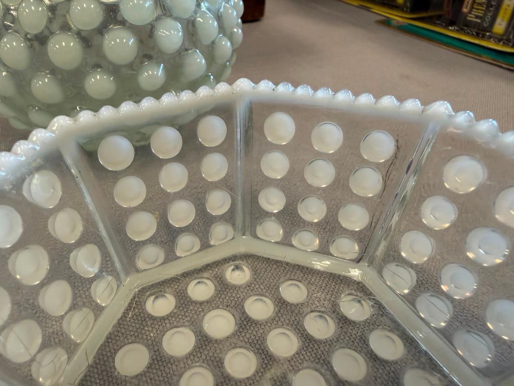 FENTON OPALESCENT HOBNAIL GLASS MOONSTONE CIGARETTE BOXES, OCTAGON SHAPE BOWL AND BOTTLE - 10