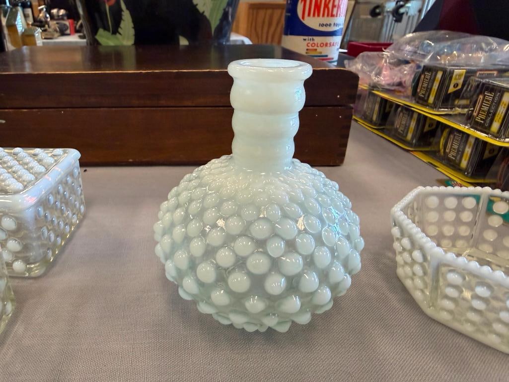 FENTON OPALESCENT HOBNAIL GLASS MOONSTONE CIGARETTE BOXES, OCTAGON SHAPE BOWL AND BOTTLE - 11